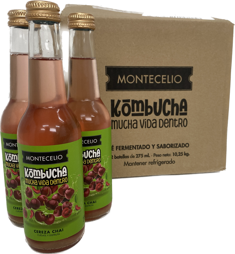 Caja de 12 botellas Kombucha ecológica cereza Chai Montecelio